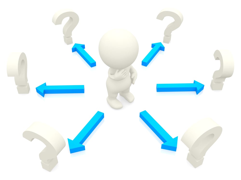 3D man looking at question marks to make a decision isolated over white-3